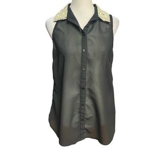 Dizzy Lizzy Women’s Pearl Beaded Button Sheer Black Shirt Tunic Top Size M Party